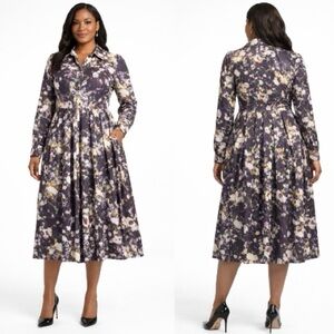 Dalia MacPhee Plus Size Floral Midi Shirt Dress 1X Long Sleeve Fit & Flare
